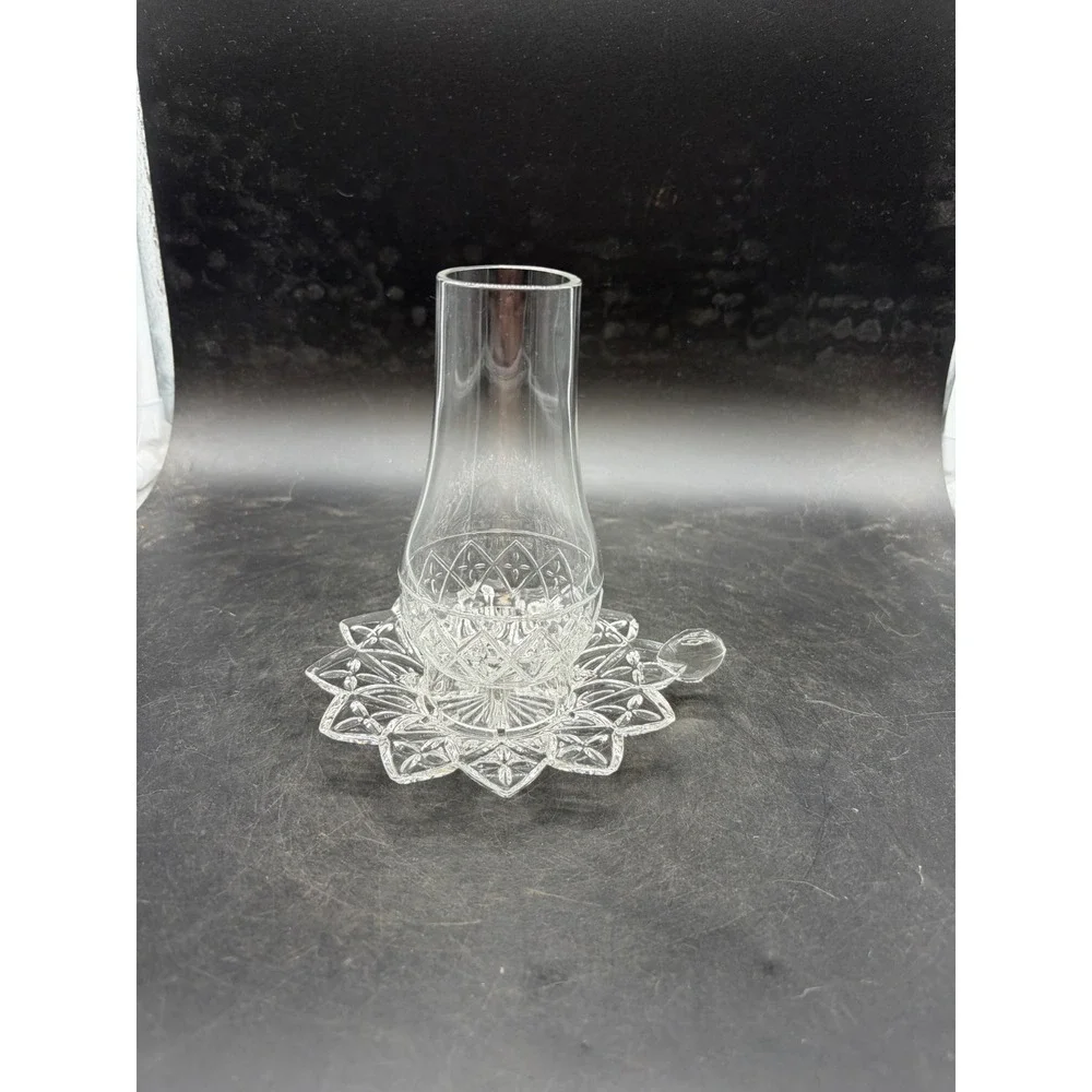 Vintage Clear Pressed Glass Votive Candle Holder with Chimney Shade 2 Piece Set